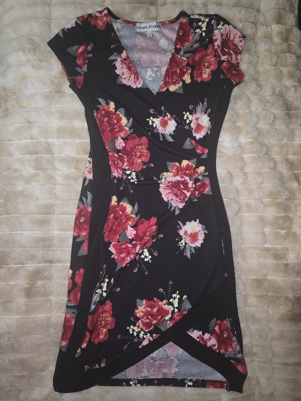 Almost Famous Black Mini Dress with Red & Pink Floral Print